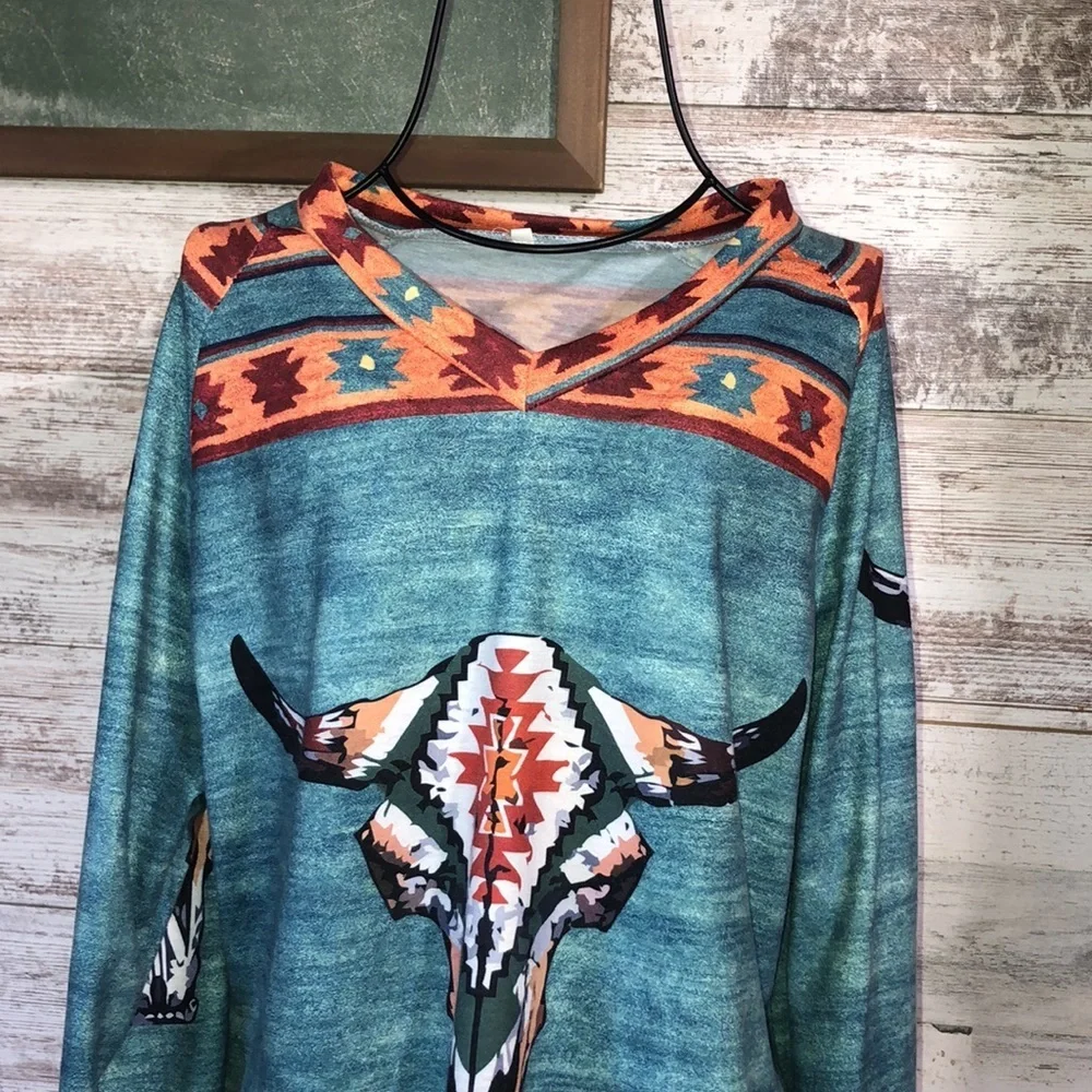Boho western print long sleeve top size small country western rodeo Aztec tribal - Picture 3 of 6
